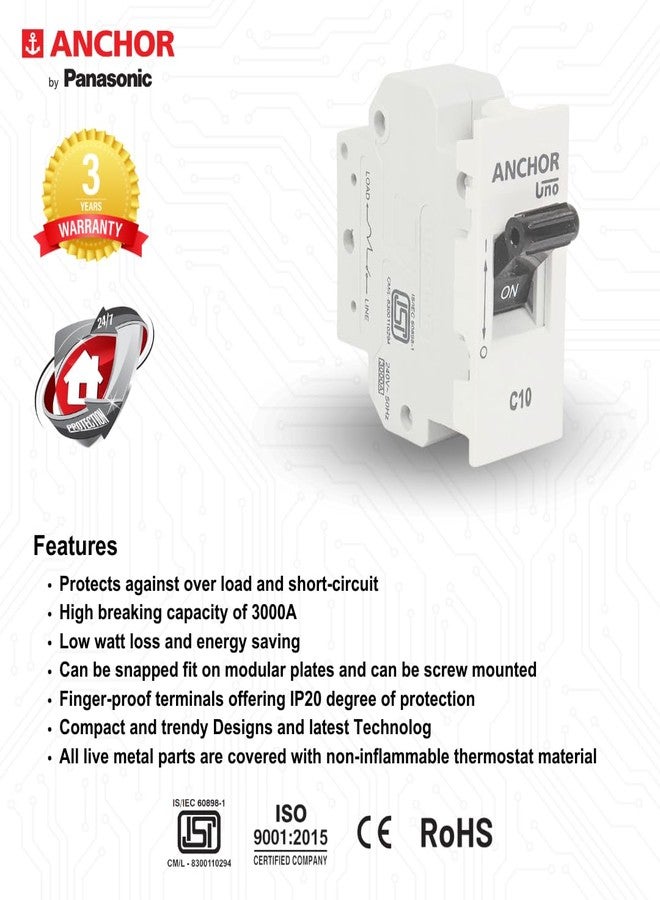 Anchor by Panasonic UNO 10 Amp Single Pole Mini MCB | Single Pole C Curve MCB (98070) - Image 3